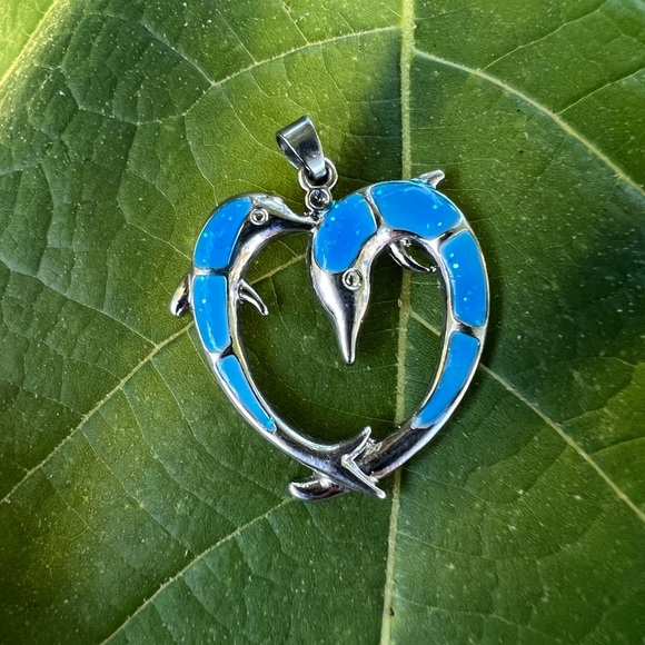 Faux Blue Opal Double Dolphin Heart Pendant 👠 - Picture 7 of 17